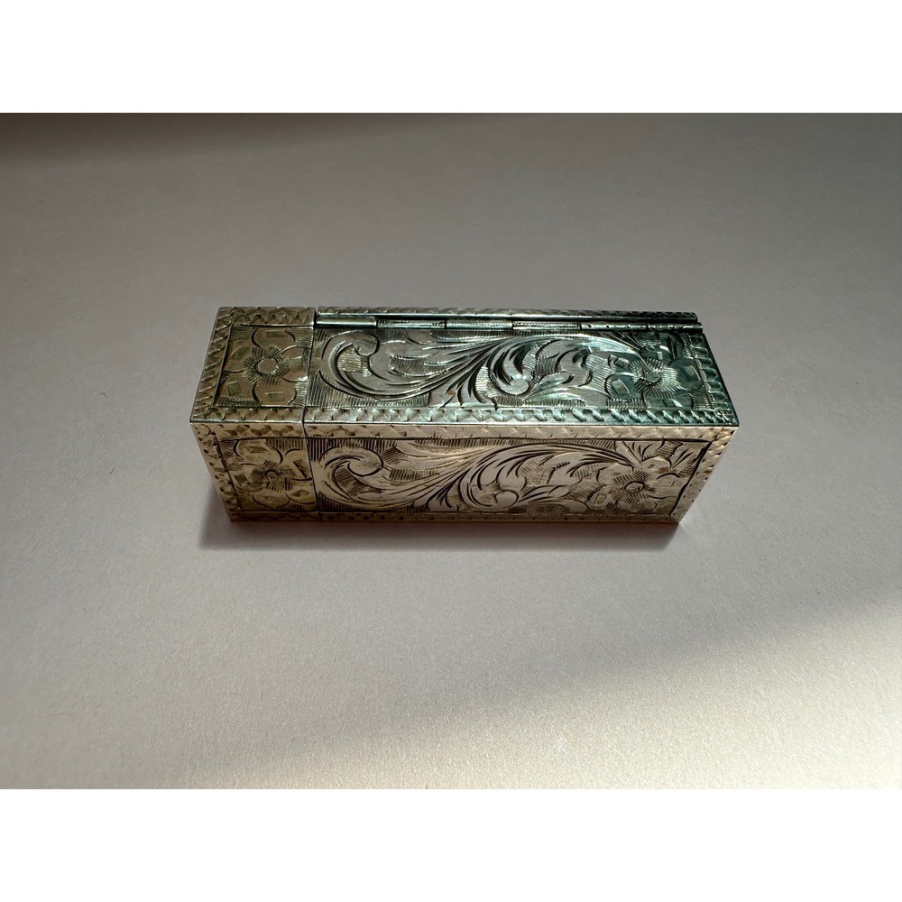 Vintage Art Deco Italian 800 Silver Lipstick Compact Mirror Etched Floral Stone - Picture 4 of 9